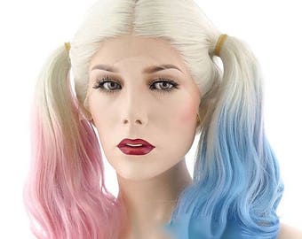 Harley Quinn Lace Front Synthetic Hair Pigtails Wig White Blonde Mixed Blue Pink Cosplay