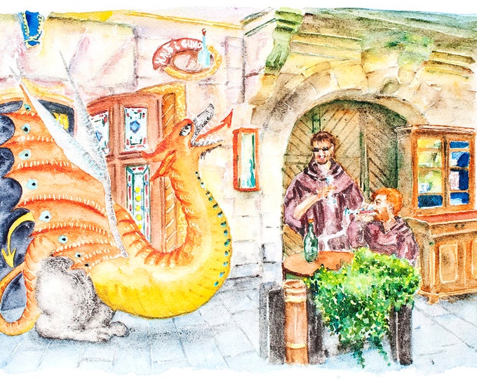 Monks & Dragon Painting, ORIGINAL Watercolor inspired by Medieval Fantasy atmosphere of our Old Town