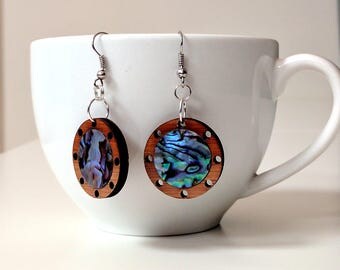 Laser cut bamboo inlaid with Paua abalone shell earrings