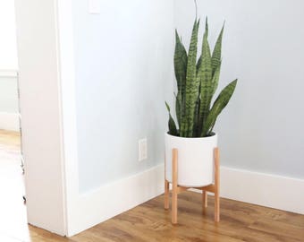 Medium - Mid-century Modern Planter with Oak or Walnut Wood Planter Stand - 10" Ceramic pot