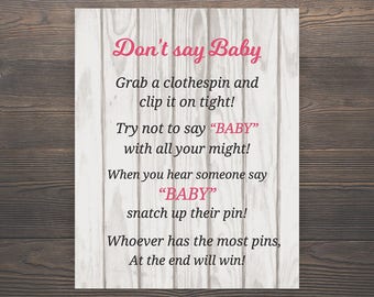Rustic Chic Baby Shower Games, Dont say Baby, Baby Girl Shower, Pink Baby Shower, Rustic Baby Shower, Clothespin Game, Printable Games, RCP7