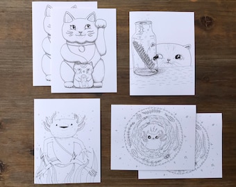 Cat & Axolotl Coloring Notecards with Envelopes | Set of 6
