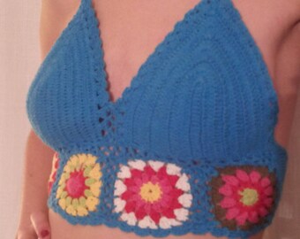 Blue hand-made strapless backless crochet