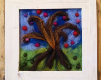 Tree of Abundance -waldorf inspired, wool felted wall art in wooden frame