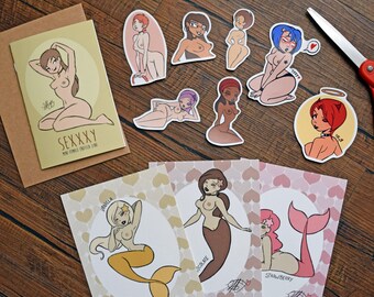 Kinky Bundle Pack, zine, stickers, prints, handmade, erotica, mermaids, cute