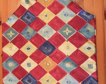 Handmade diamond patterned maroon/blue/yellow fabric Grocery bag, produce bag, reusable bag, eco friendly