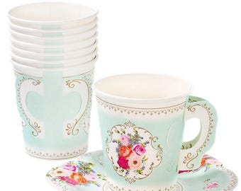 Vintage Paper Tea Party Paper Cups and Saucers, Vintage Tea Party, Baby Shower, Vintage Hen Party, Paper Cups, Vintage Wedding, Bachelorette