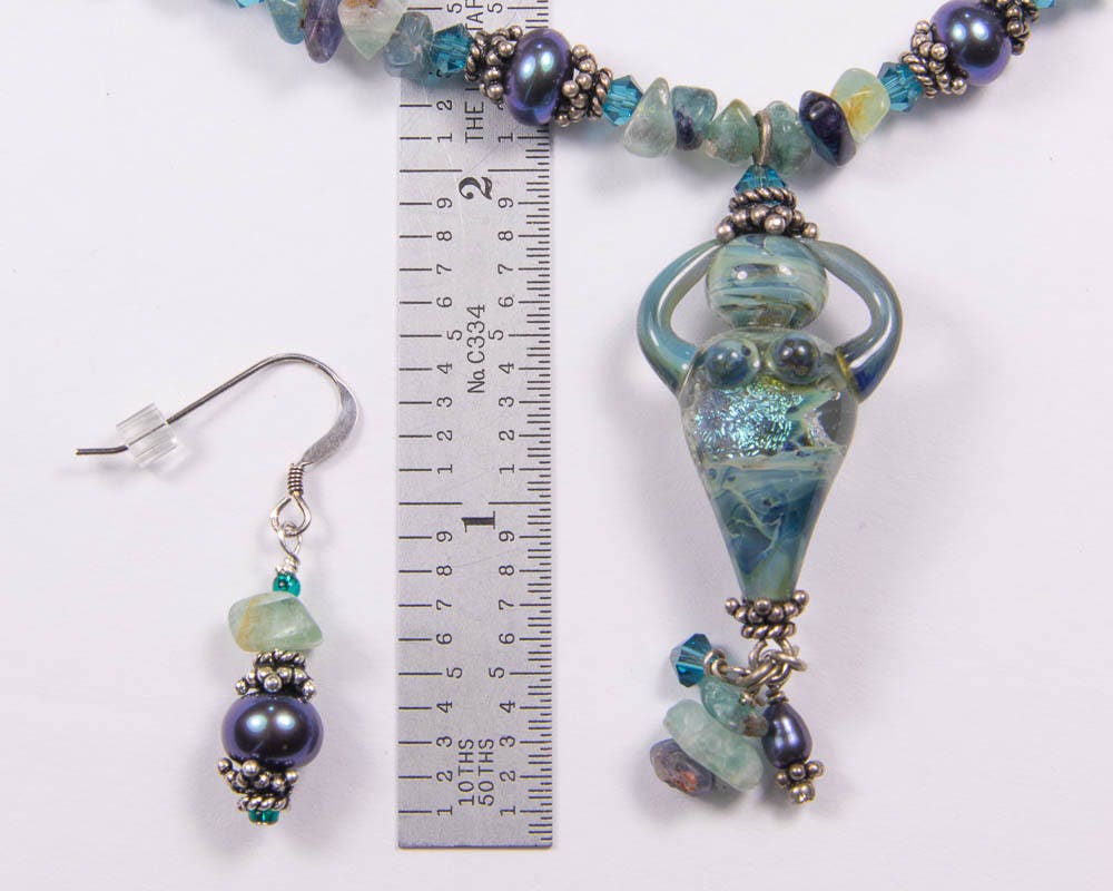 Sculpted Glass Goddess Necklace Set with Aquamarine Gemstones