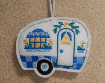 Camper Stuffie White & Blue - Camper Stuffie Ornament - Camper Felt Ornament - Camping Decor - Camper Stuffie - Travel Trailer Decor -