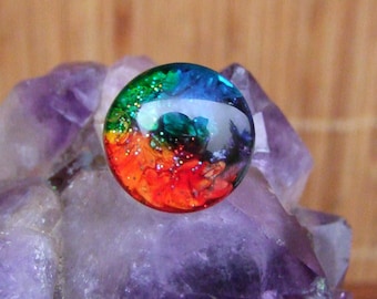 Ethnic silver adjustable ornate ring and 2 cm in diameter multicolored glass cabochon ring