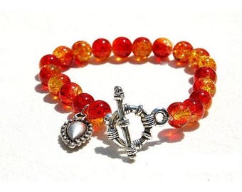 Bracelet jewelry glass and sterling silver charm, red, Orange, tangerine