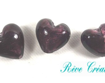 3pcs Perle Coeur 28mm x 19mm en Verre Prune et Feuille d'Argent