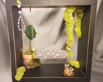 Handmade Miniature Bench Swing Shadow Box with Potted Tree, Wind Chime, & Raccoon Family; Wall Hanging, 1:12 Scale, Fairy and/or Dolly Hobby
