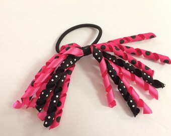 Toddler Girl Korker Ribbon Hair tie, Hairbows, Ponytail Holder, Ribbon Hair Accessory - Pink Black & White Polka Dots