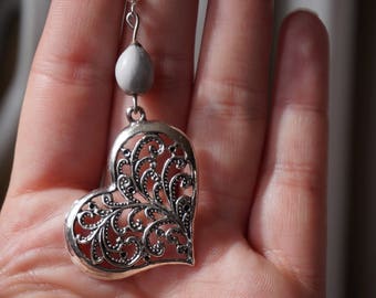 job, and heart silver plated filigree Teardrop Earrings