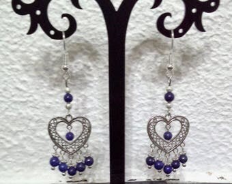 Heart filigree earrings and genuine lapis lazuli beads