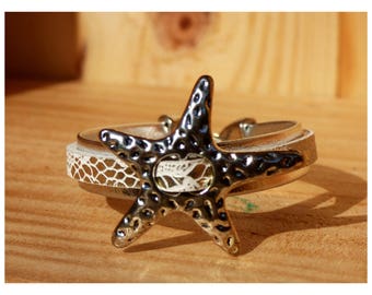 Star 10 mm silver white leather bracelet