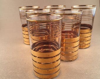 Vintage Gold Rimmed Striped Highball Glasses Set of 6 - Retro - 1960 - Mad Men