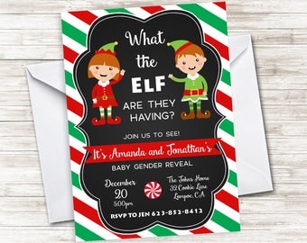 Elf Gender Reveal Invite Christmas Invitation Digital 5x7 What The Elf Chalkboard Baby
