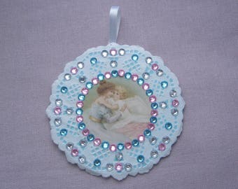 Wall decor for nursery - a mother and child - doily paper lace - pink rhinestones.