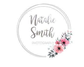 Premade Logo: Floral logo, watermark pink and silver circle