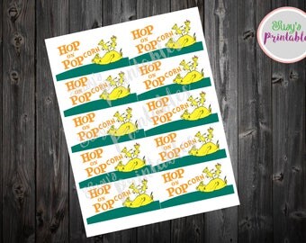 Dr Seuss Hop on Pop Labels, Cat in the Hat Hop on Pop, Dr Seuss Baby Shower labels, Dr Seuss Hop on Popcorn, Dr Seuss Printable Decorations