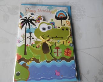 x 1 card double 3D multicolored crocodile pattern + envelope blue 18 x 12 cm