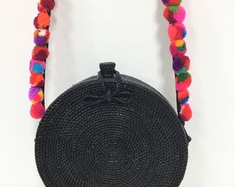 Round Rattan Bag with Pom poms