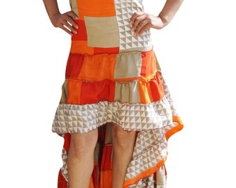 Womens Hi Low Dress Recycled Silk Feminine Touch Ruffle Tiered Design Flowy Strapless Sundress M/L