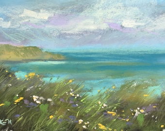 IRELAND Seashore Wildflowers plein air Landscape Original Pastel Painting Karen Margulis 5x7