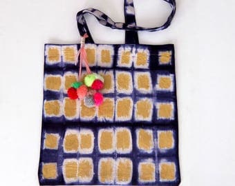 Shibori tote bag with pompons, indigo tote bag, Blue and white tote bag, hand dyed cotton tote, naturally dyed, market bag