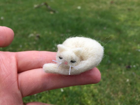 Needle Felted Sleeping White Cat Miniature Kitty