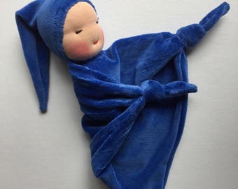 medium blue blanket doll, Waldorf baby, gift for baby, teething doll, handmade doll, natural Waldorf toy
