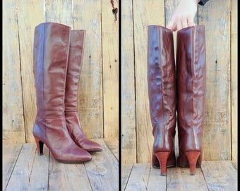 Tall Leather Boots, Us 6, Uk 4, Eu 36, Knee High Boots, Spike Heel Boots, Made in JAPAN, Oxblood Leather Boots,