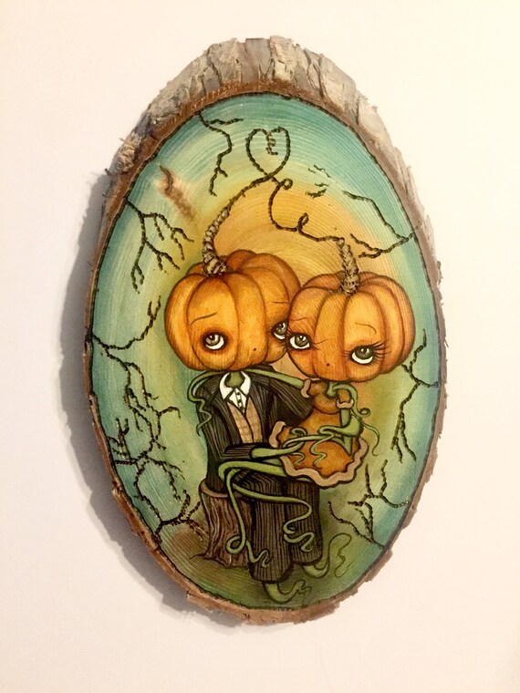 Cute Pumpkin couple love wood burning Original Painting on