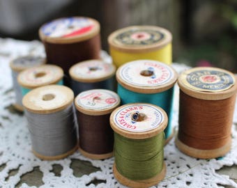 Lot of 10 Vintage Colorful Wooden Spools of Thread