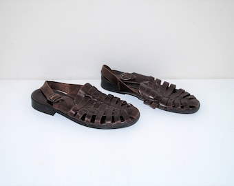 brown leather woven sandals 90s vintage slingback huaraches fisherman sandals size 8.5