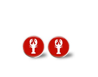 LOBSTER EARRINGS, Red, White, Girl, Glass, Graphic Art, Studs, Silver, Gold, Gift, Preppy, Nautical, Peachy Pendants, Maine, Jewelry