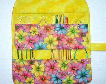 Yellow Circular Knitting Needle Roll Up, Floral Crochet Hook Case, Double Pointed Needle DPN Storage Organizer, Artist Brushes Roll