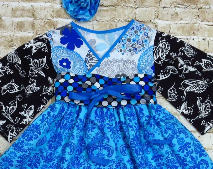 Blue Damask Dress for Baby Girls, Toddlers, Teens - Birthday Outfit - Kimono Style - Long and Short Sleeves - Handmade - 12 mos to 14 yrs