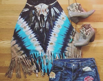 Cow Skull Buffalo Print Tie Dye Fringe Tank Top Tee Top Shirt Womens Clothing One Size Cowskull