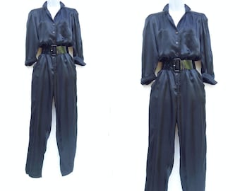 70s Black Jumpsuit Black Liquid Satin Vintage Jumpsuit 1970s Does 1940s Disco Glam Jumpsuit 70s Black Romper 1970s Disco Jumpsuit medium