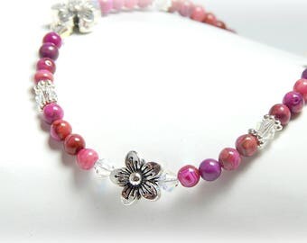 Anklet, Ankle Bracelet, Gemstone Anklet, Pink Gemstone Anklet, Crystal Anklet, Flower Anklet, Sterling Silver Adjustable Anklet for Women