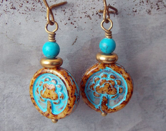 Turquoise Glass Earrings Brass Drop Dangle Rustic Woodland Coin Earrings Turquoise Boho Tree of Life Earrings Rustic Jewelry