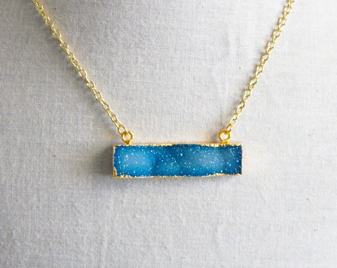 Druzy Necklace Rectangle Druzy Bar Necklace Gold Edged Druzy Pendant Blue Color Stone Gold Edged Druzy Stick Jewelry Mineral Boho Necklace