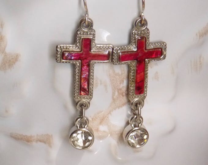 Red Mother of Pearl Abalone Shell Cross Earrings Pierced Dangling Minimalist One of Kind 1970s Rhinestone Christian Boho Bohemian Chic