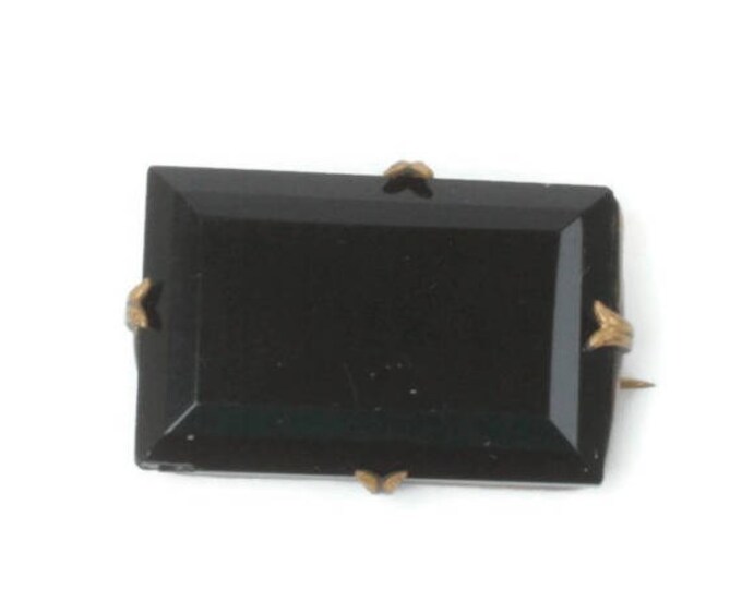 Victorian Black Glass Mourning Pin Faceted Rectangular Vintage Antique