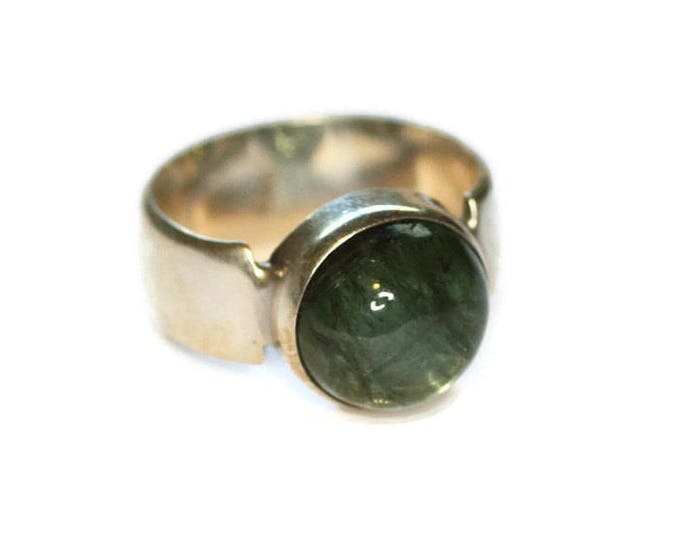 Green Rutilated Quartz Ring Sterling Ring Modernist Style Size 7.5