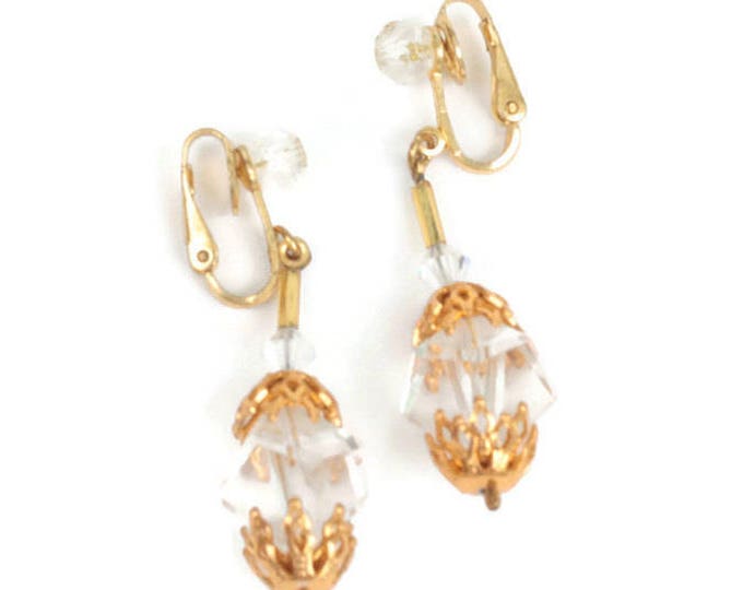 Crystal Bead Earrings Filigree End Caps Dangle Drop Clip On Style Vintage