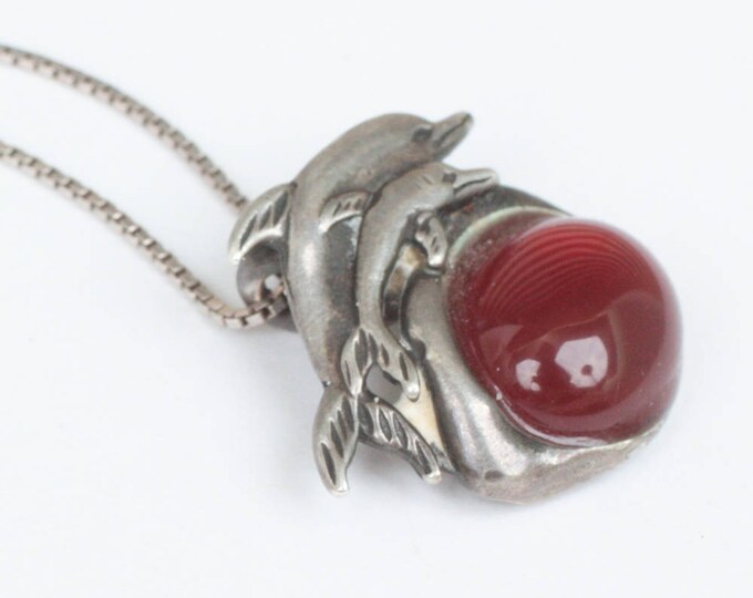 Sterling Dolphin Pendant Simulated Carnelian Cabochon Sterling Chain Sea Life Necklace